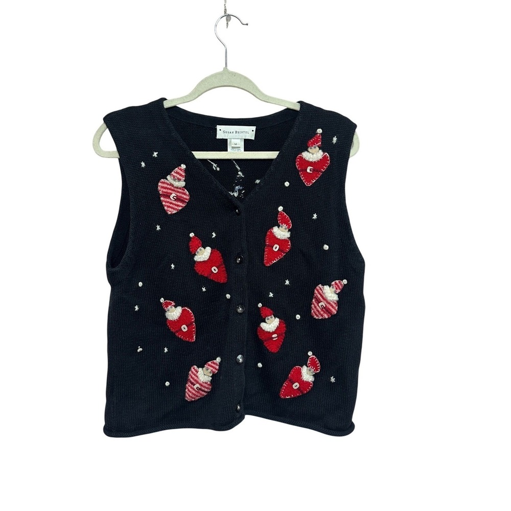 Susan Bristol Womens Vintage Christmas Santa Heart Embroidered Knit Vest Black M